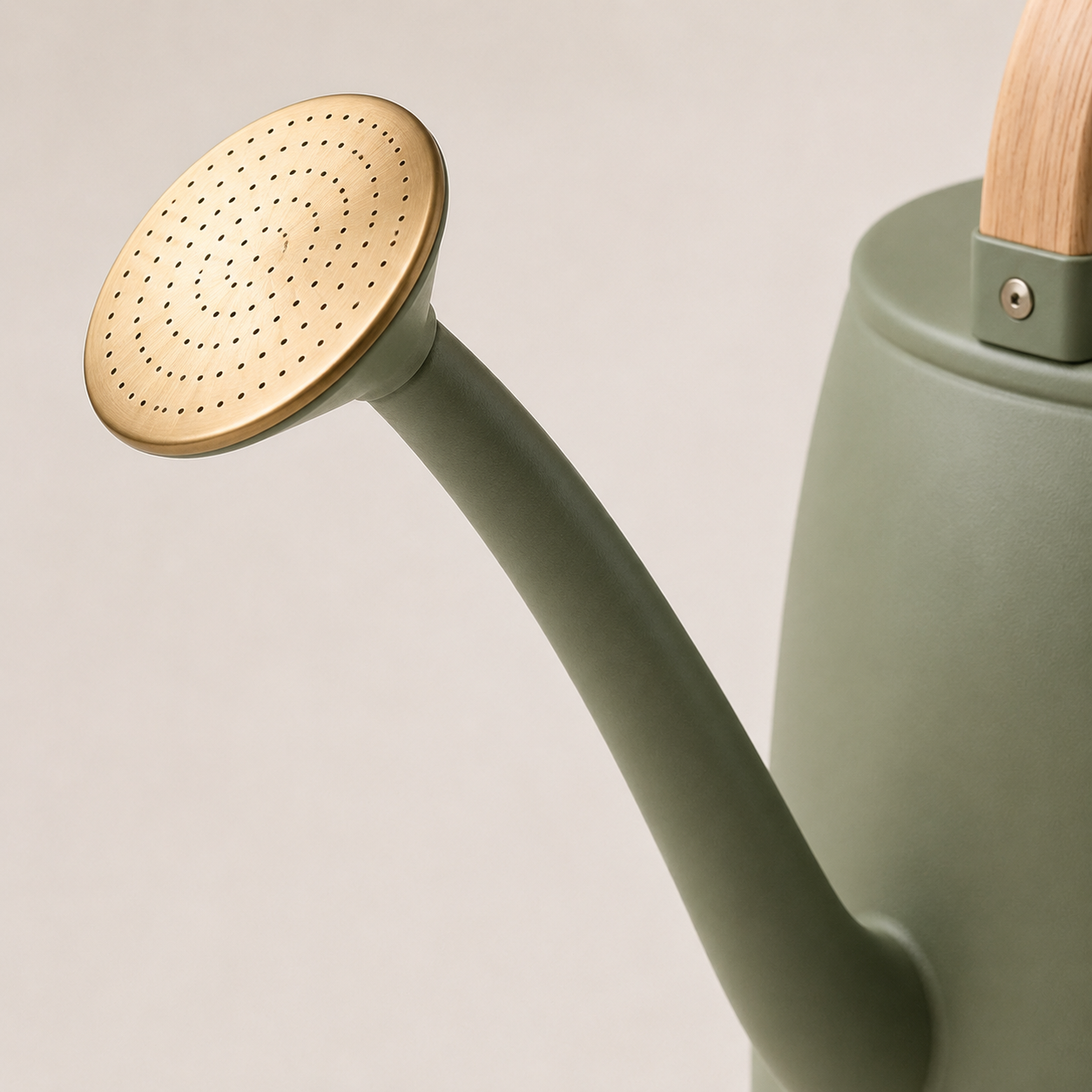 Modern Garden Watering Can with Wooden Handle – Sage Green Plant Watering Pot with Long Spout & Shower Head for Indoor and Outdoor Plants