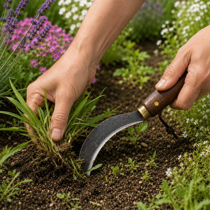 Curved Garden Sickle with Wooden Handle – Handheld Weeding, Trimming & Herb Harvesting Tool for Garden Beds, Pots and Outdoor Plant Care