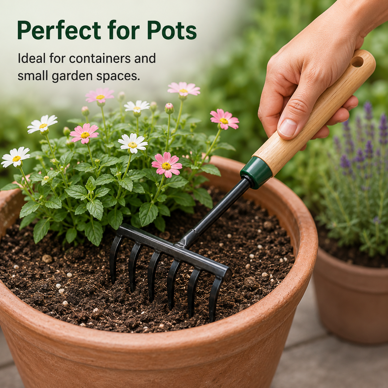 5-Tine Garden Hand Rake with Wooden Handle