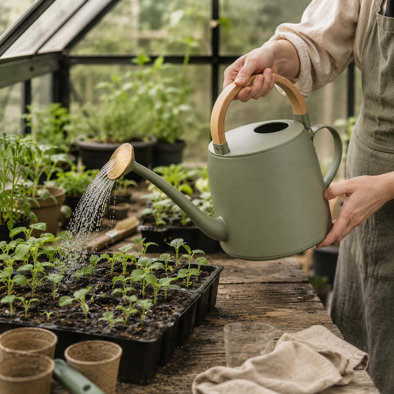 Modern Garden Watering Can with Wooden Handle – Sage Green Plant Watering Pot with Long Spout & Shower Head for Indoor and Outdoor Plants