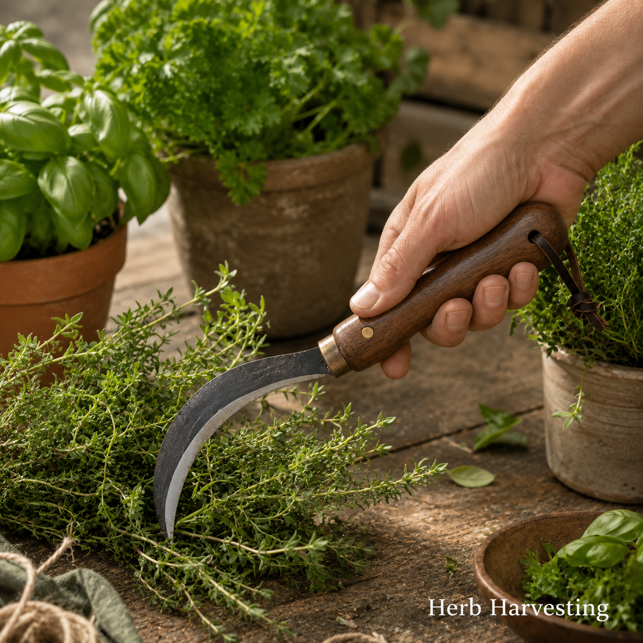 Curved Garden Sickle with Wooden Handle – Handheld Weeding, Trimming & Herb Harvesting Tool for Garden Beds, Pots and Outdoor Plant Care