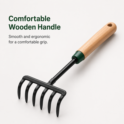 5-Tine Garden Hand Rake with Wooden Handle