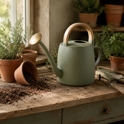 Modern Garden Watering Can with Wooden Handle – Sage Green Plant Watering Pot with Long Spout & Shower Head for Indoor and Outdoor Plants