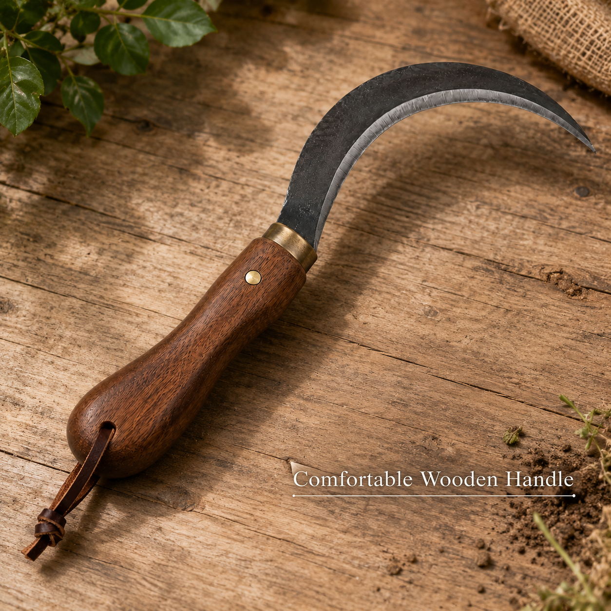 Curved Garden Sickle with Wooden Handle – Handheld Weeding, Trimming & Herb Harvesting Tool for Garden Beds, Pots and Outdoor Plant Care