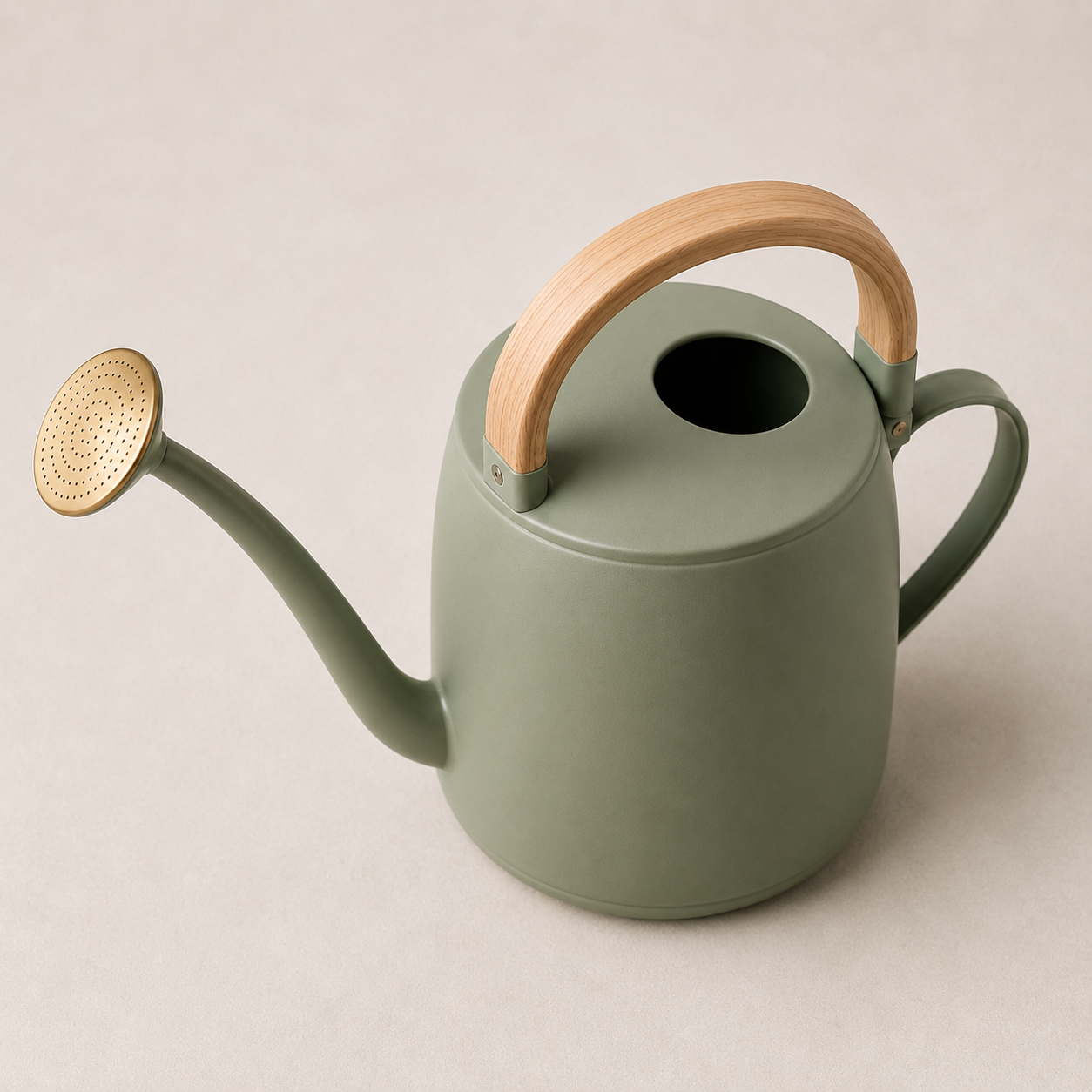 Modern Garden Watering Can with Wooden Handle – Sage Green Plant Watering Pot with Long Spout & Shower Head for Indoor and Outdoor Plants