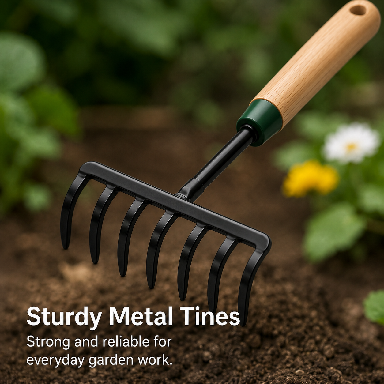 5-Tine Garden Hand Rake with Wooden Handle