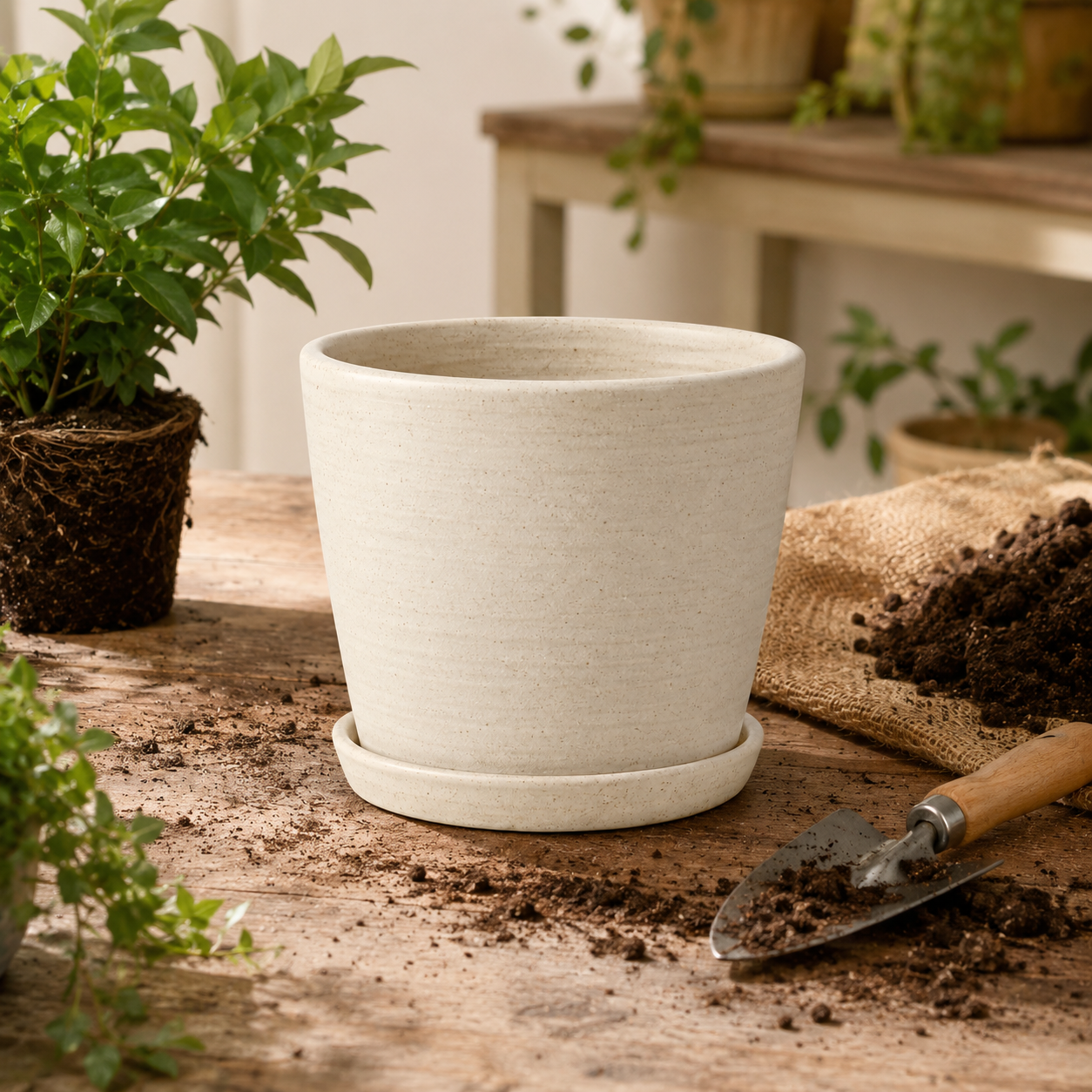 Speckled Ceramic Planter Pot with Matching Saucer – Minimal Indoor & Outdoor Flower Pot for Houseplants, Herbs and Garden Décor