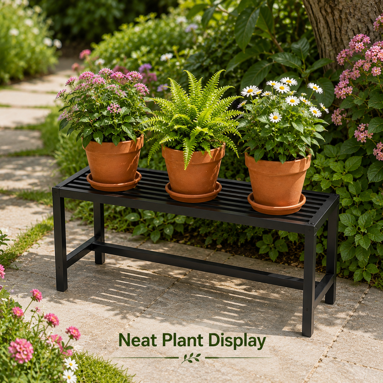 Single Tier Metal Plant Stand – 60cm Outdoor Garden Flower Rack with Slatted Top Shelf for Pots, Planters and Patio Plant Display